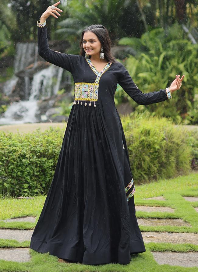 Rayon Black Navratri Wear Gamthi Work Readymade Gown